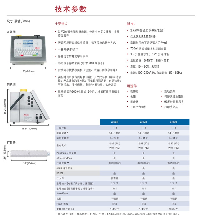 喜多力CI系列噴碼機(jī)技術(shù)參數(shù)