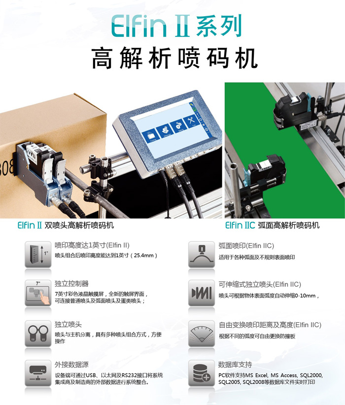 Elfin II雙噴頭高解析噴碼機(jī)與Elfin IIC弧面高解析噴碼系統(tǒng)機(jī)功能